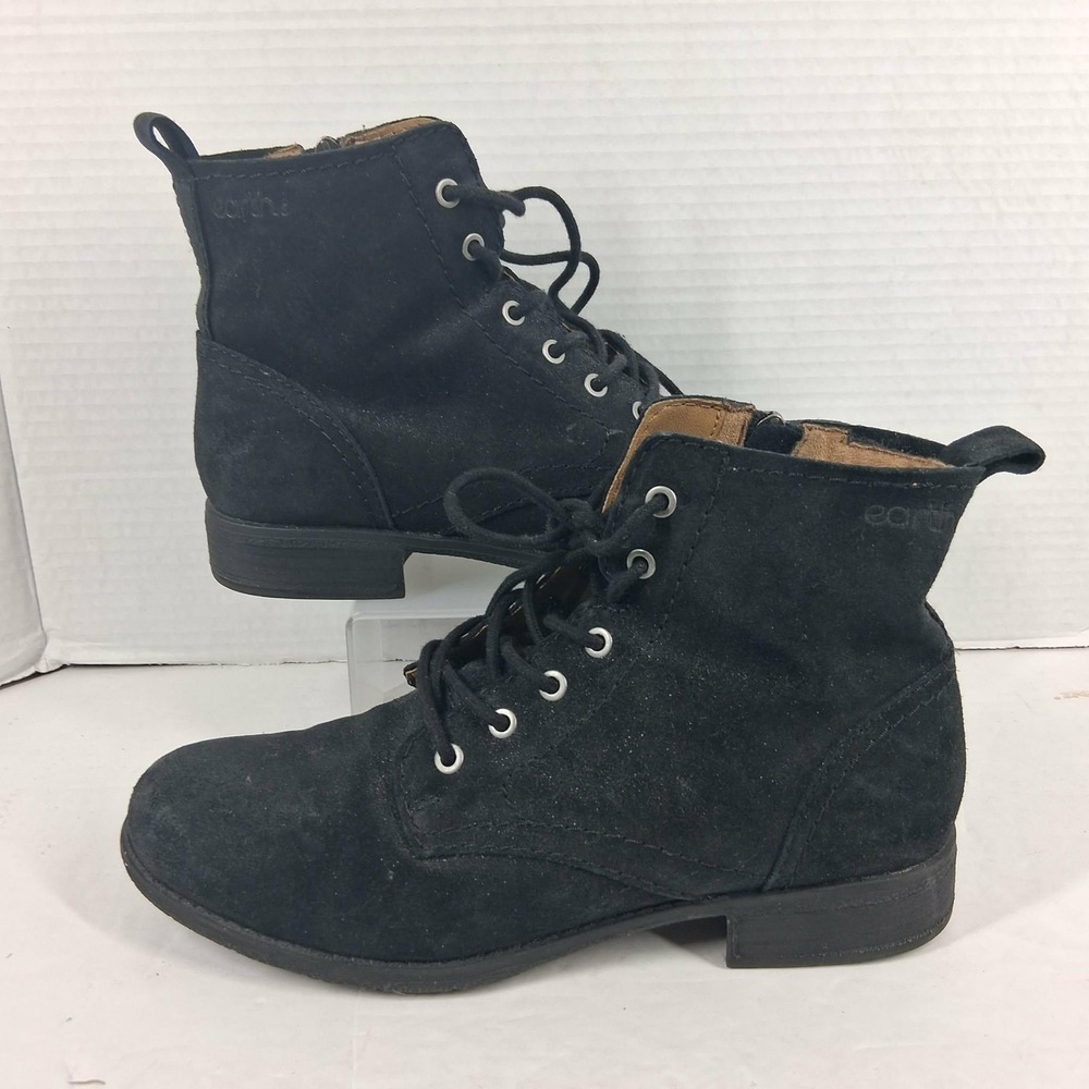 Earth Black Suede Lace‎ Up Side Zip Combat Ankle Boots A613333 Women's 7.5M